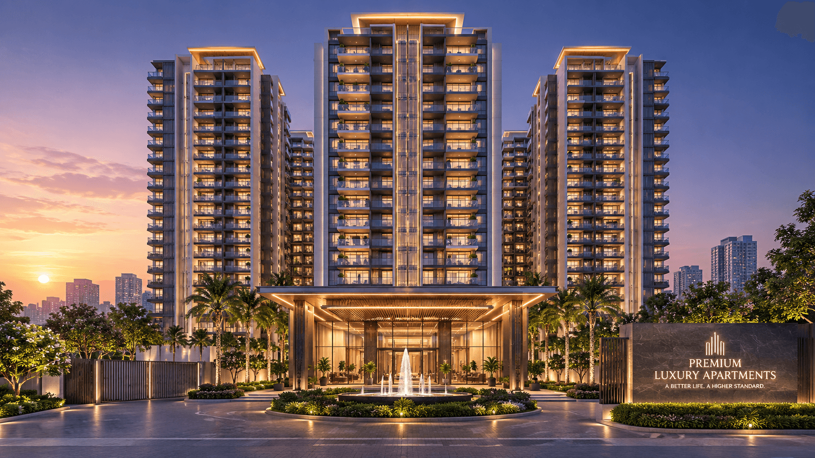M Pro Developers flagship residential towers at dusk