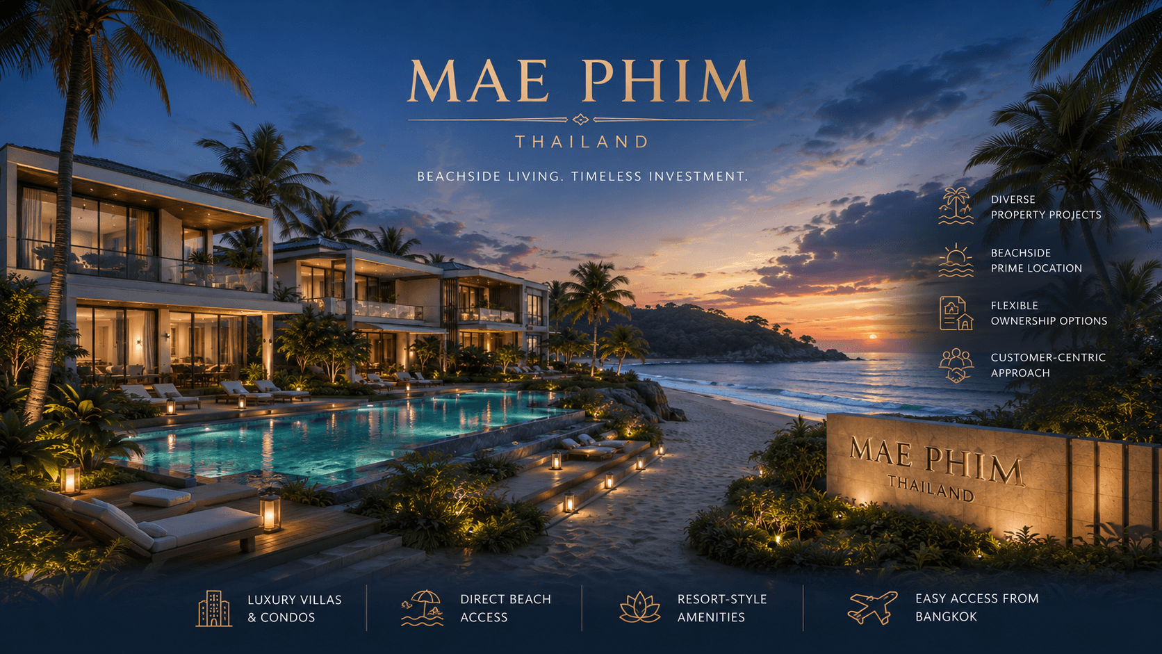 Mae Phim beachside villas and pool at dusk