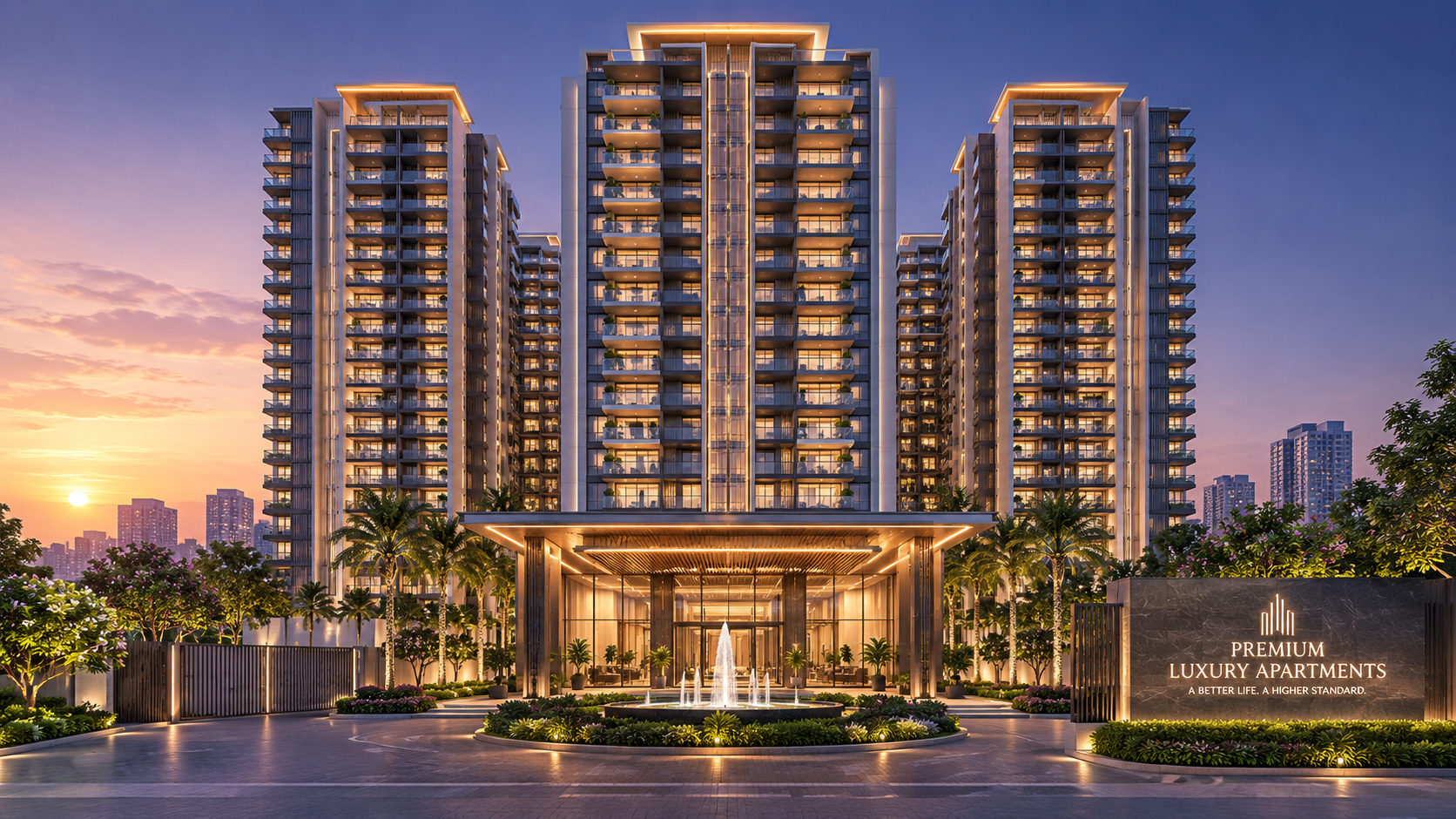 M Pro Developers flagship residential towers at dusk
