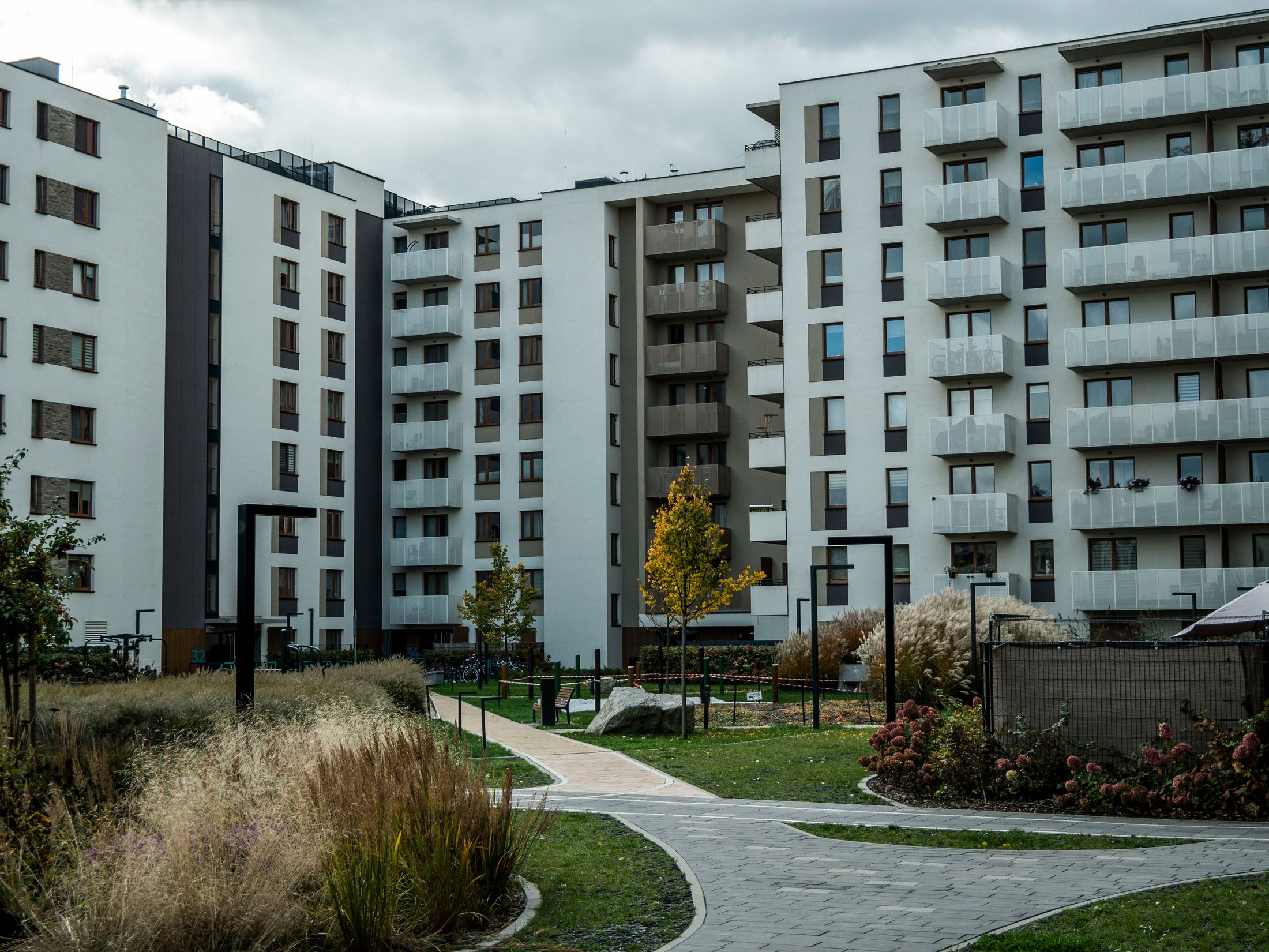 Modern residential buildings with a landscaped garden